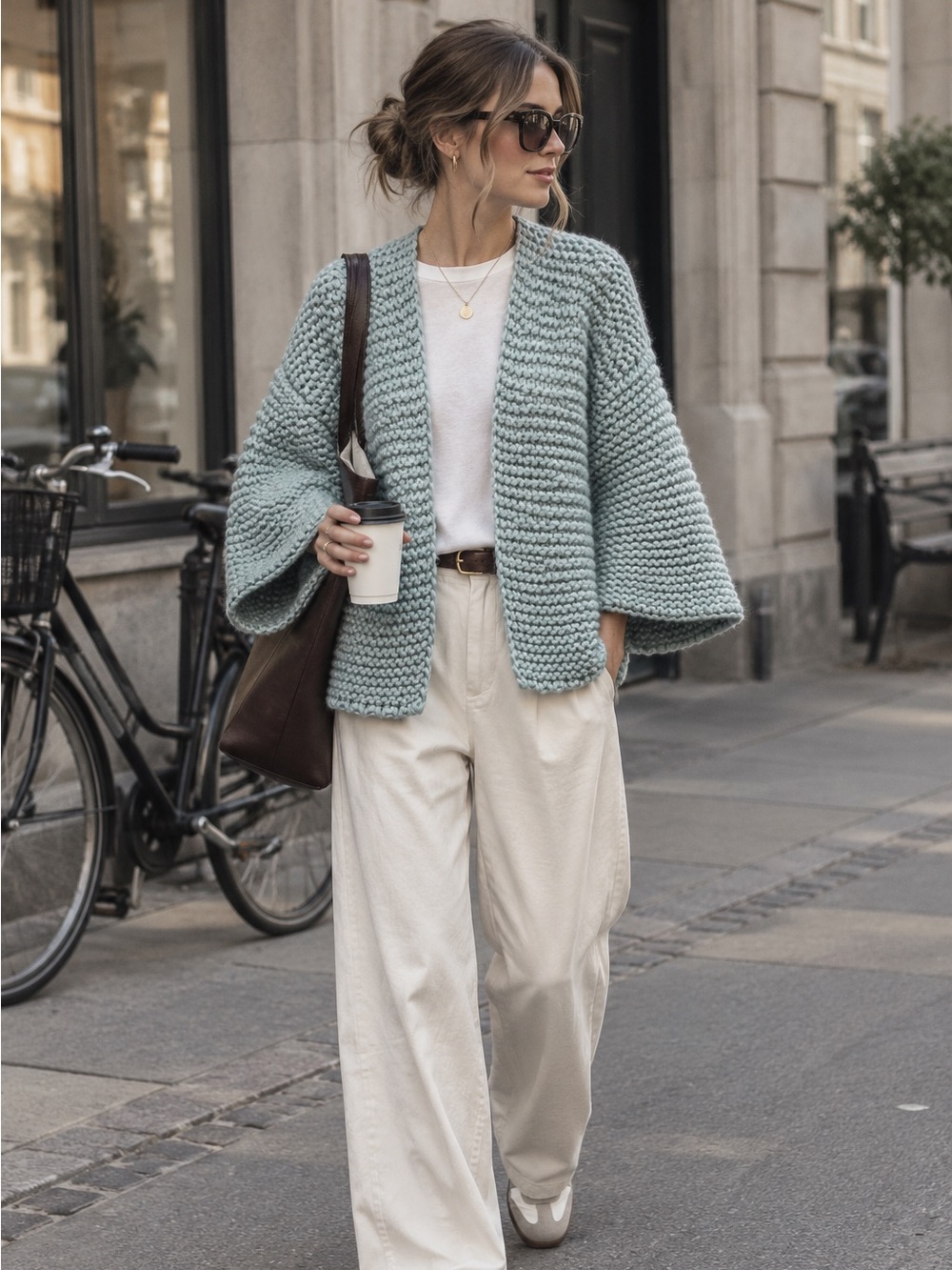 Anthropologie Chunky Open-Front Knit Cardigan Sweater - Sage Green